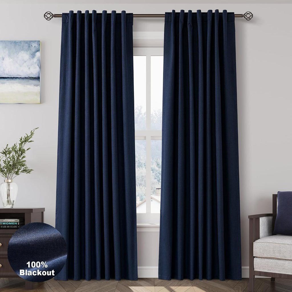 Nanspring Navy Blue 100% Blackout Linen Curtains 84 Inch Length 2 Panels Set for Bedroom Back Tab Modern Luxury Nautical Decor Black Out Cu…