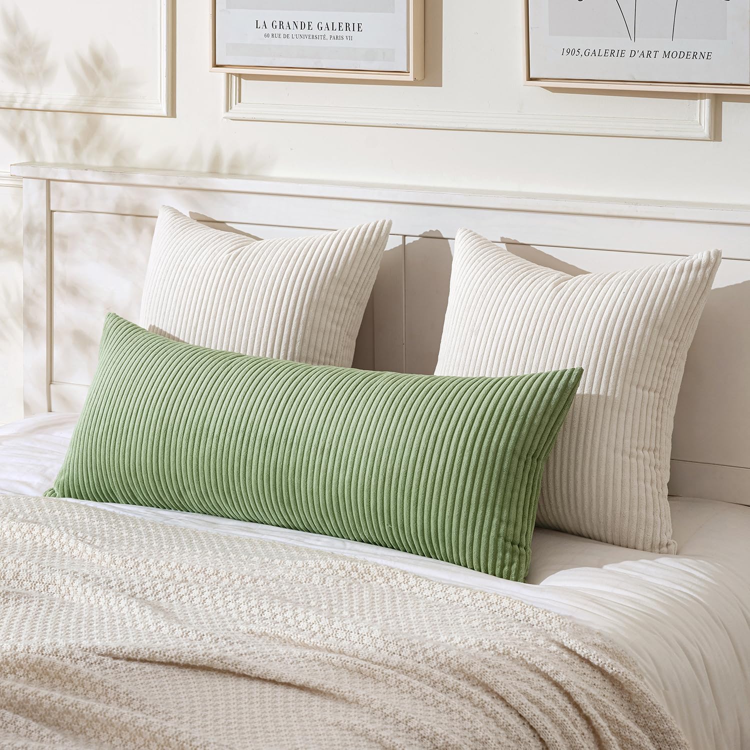 MIULEE Decorative Long Body Lumbar Throw Pillow Cover 14x36 Inch for Bed Couch Bedroom Bench, Soft Corduroy Rectangle Sage Green Pillow…