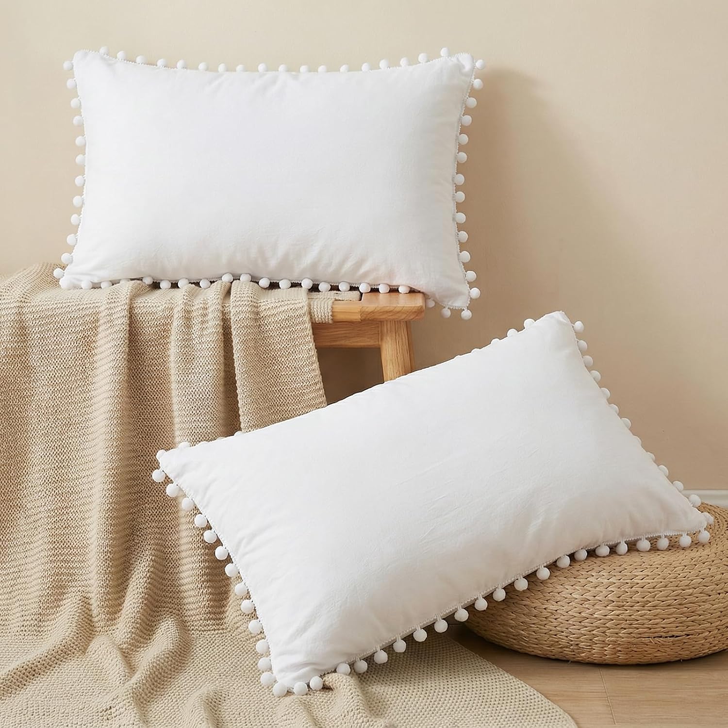Moveover White Pillowcases, Standard Pom Poms Pillow Case Set of 2, 100% Washed Microfiber, Soft Solid White Pillow Shams, 2 Pack 2 Pack Wh…