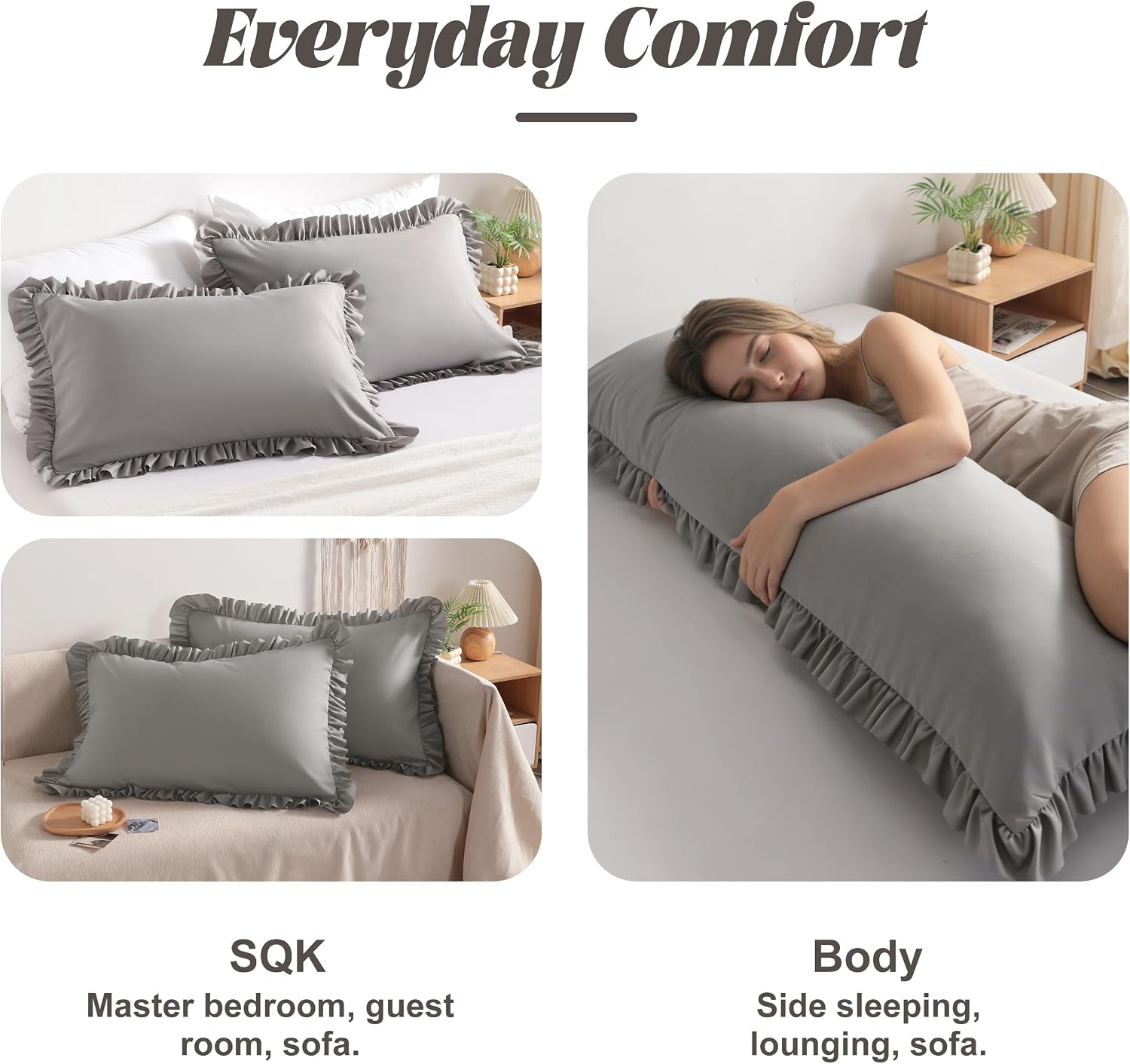 Bedsum Ruffled Body Pillowcase, 20x54 Inches, Brushed Microfiber with Envelope Closure, Soft Wrinkle-Resistant, Smoke Grey Grey