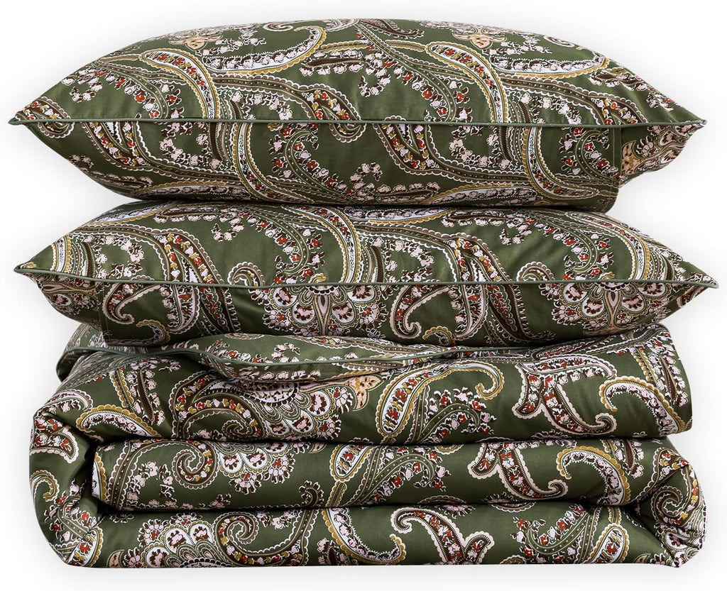 Puralens Vintage Paisley Floral Green Duvet Cover King 100% Cotton, Shabby Flower Printed Chic Crisp Percale Comforter Cover Set, Farmhouse…