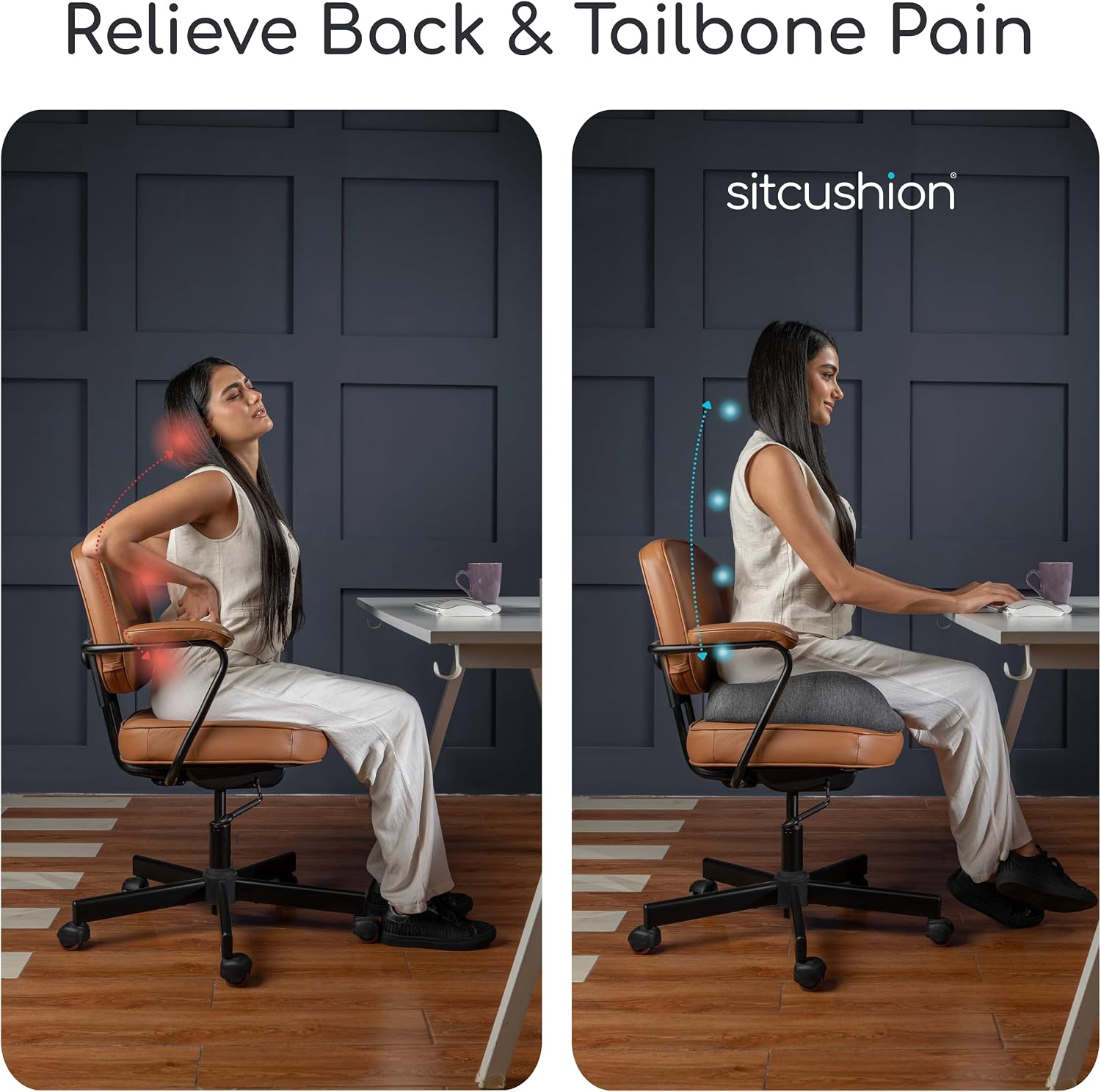 Sitcushion Orthopedic Coccyx Cushion for Tailbone, Sciatica and Back Pain - XL Memory Foam Seat Cushions for Office Chairs, Car, Gaming -…