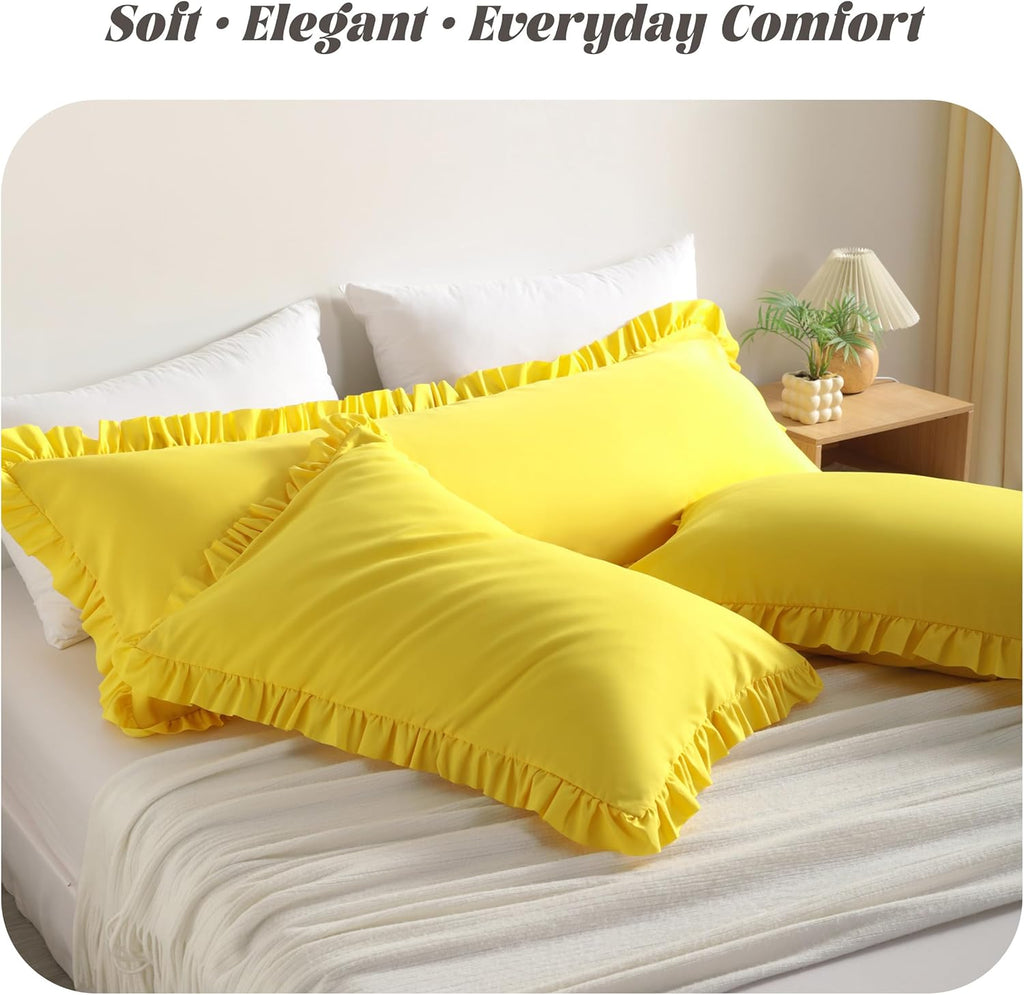 Bedsum Ruffled Pillow Shams Standard 20x26 Set of 2, Brushed Microfiber Pillowcases with Envelope Closure, Soft Wrinkle-Resistant, Yellow