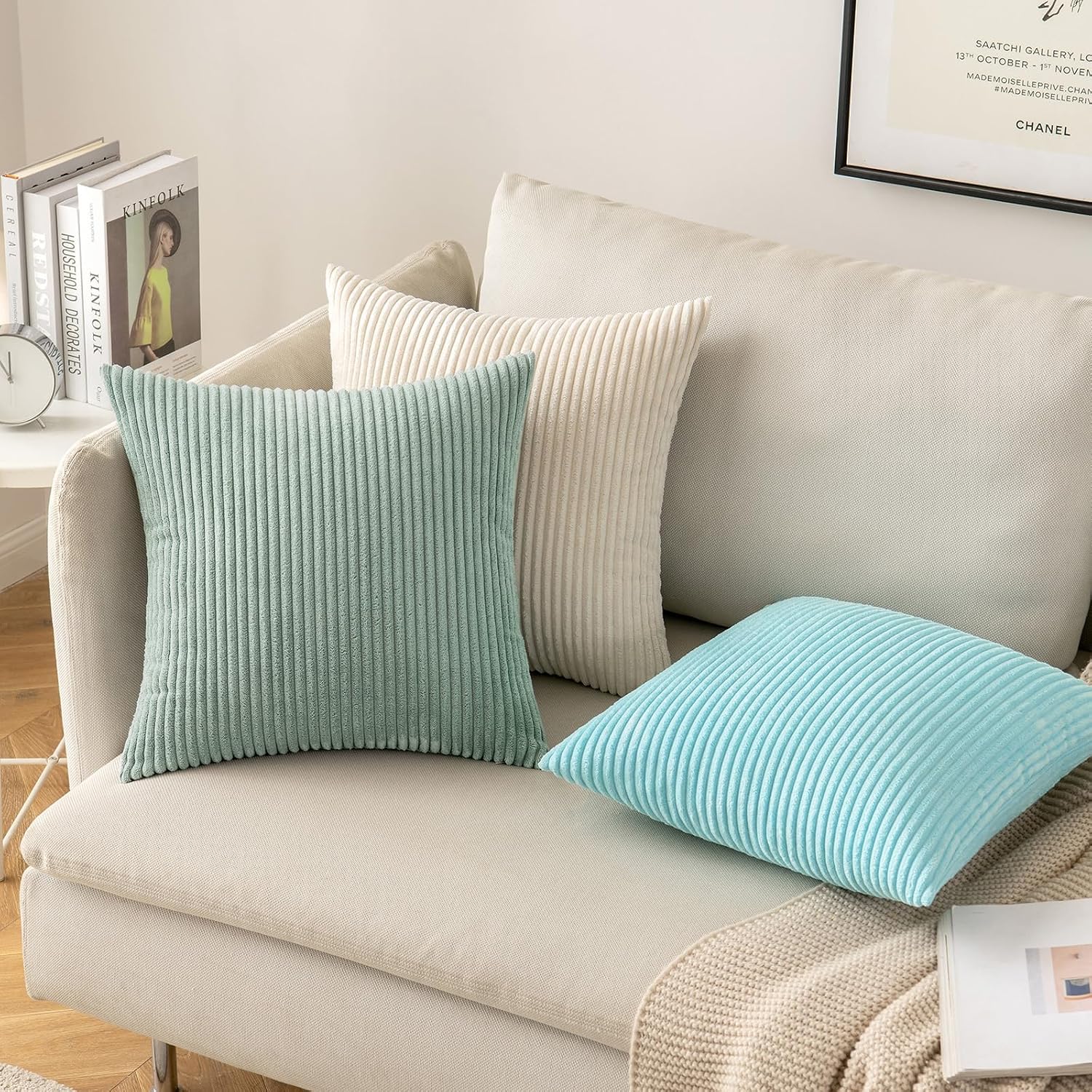MIULEE Pack of 2 Corduroy Pillow Covers Super Soft Throw Pillow Covers Striped Pillowcases for Sofa Bedroom Couch 20 x 20 Inch Greyish Green