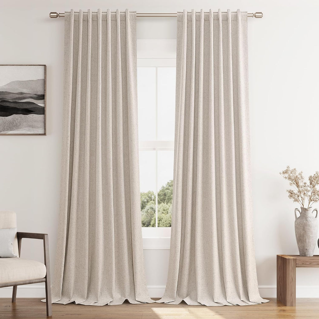 Guken Oatmeal 100% Blackout Curtains 84 Inch Length 2 Panels Set for Living Room Bedroom Back Tab Thermal Insulated Black Out Linen Drapes…