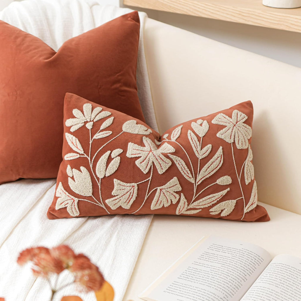 BlissBlush 12x20 Lumbar Pillow Cover, Brick Red Rectangular Decorative Throw Pillowcase for Couch Sofa, Floral Tufted Embroidered Velvet…