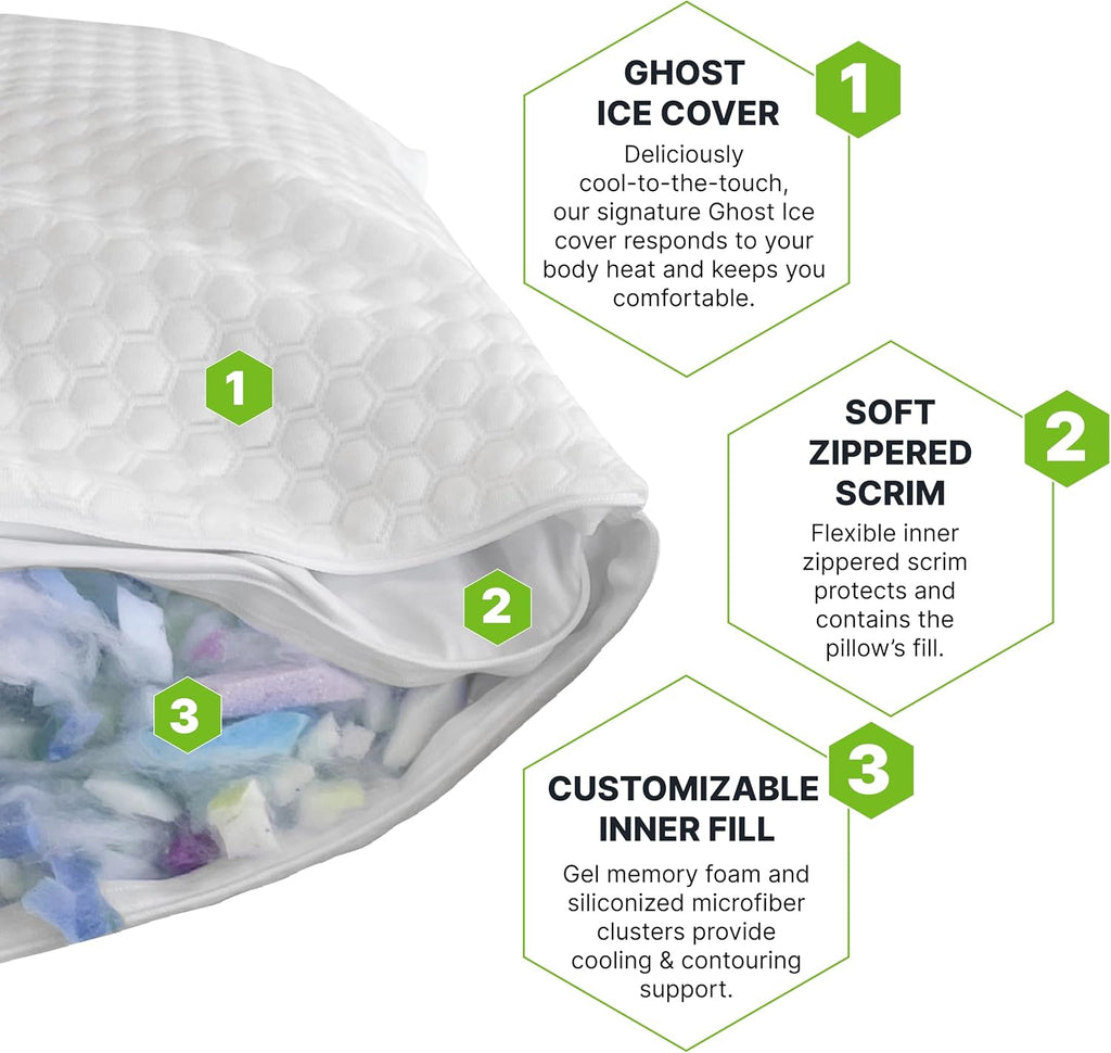 GhostBed Shredded Memory Foam Pillow with Adjustable Gel and Cooling Breathable Cover - Queen Size Shredded Pillows CertiPUR-US Certified…