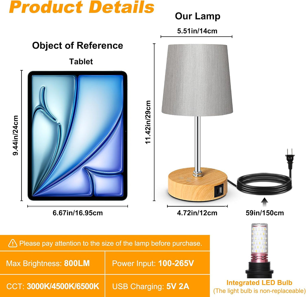 Ascher Small Bedside Table lamp Set of 2, RGB Color Changing Lamps, 3 Color Temperatures, Stepless Dimmable, Nightstand Lamp with USB C+A…