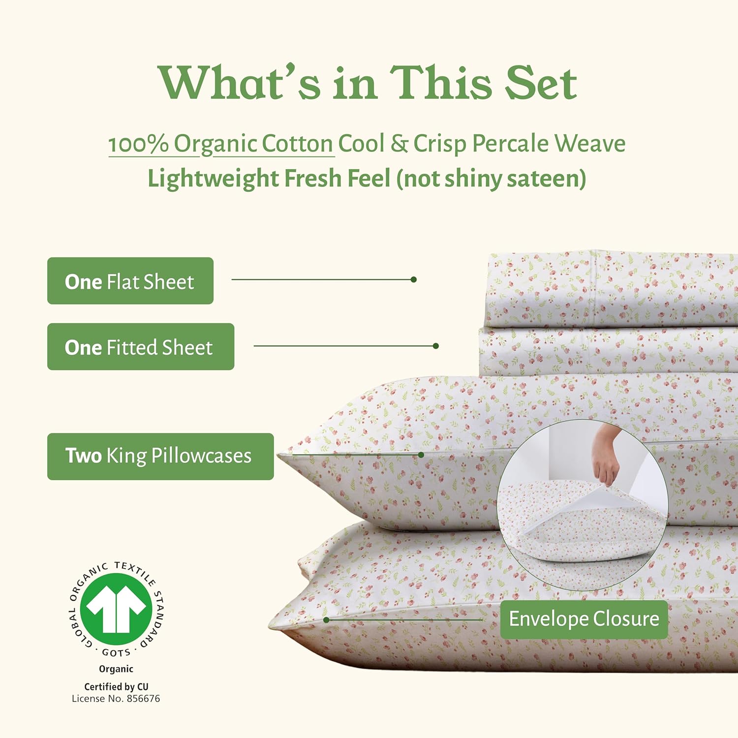 CaliforniaDesignDen California Design Den Cal King Floral Sheet Set, 100% Organic Cotton Percale Sheets, Deep Pocket California King Sheets…