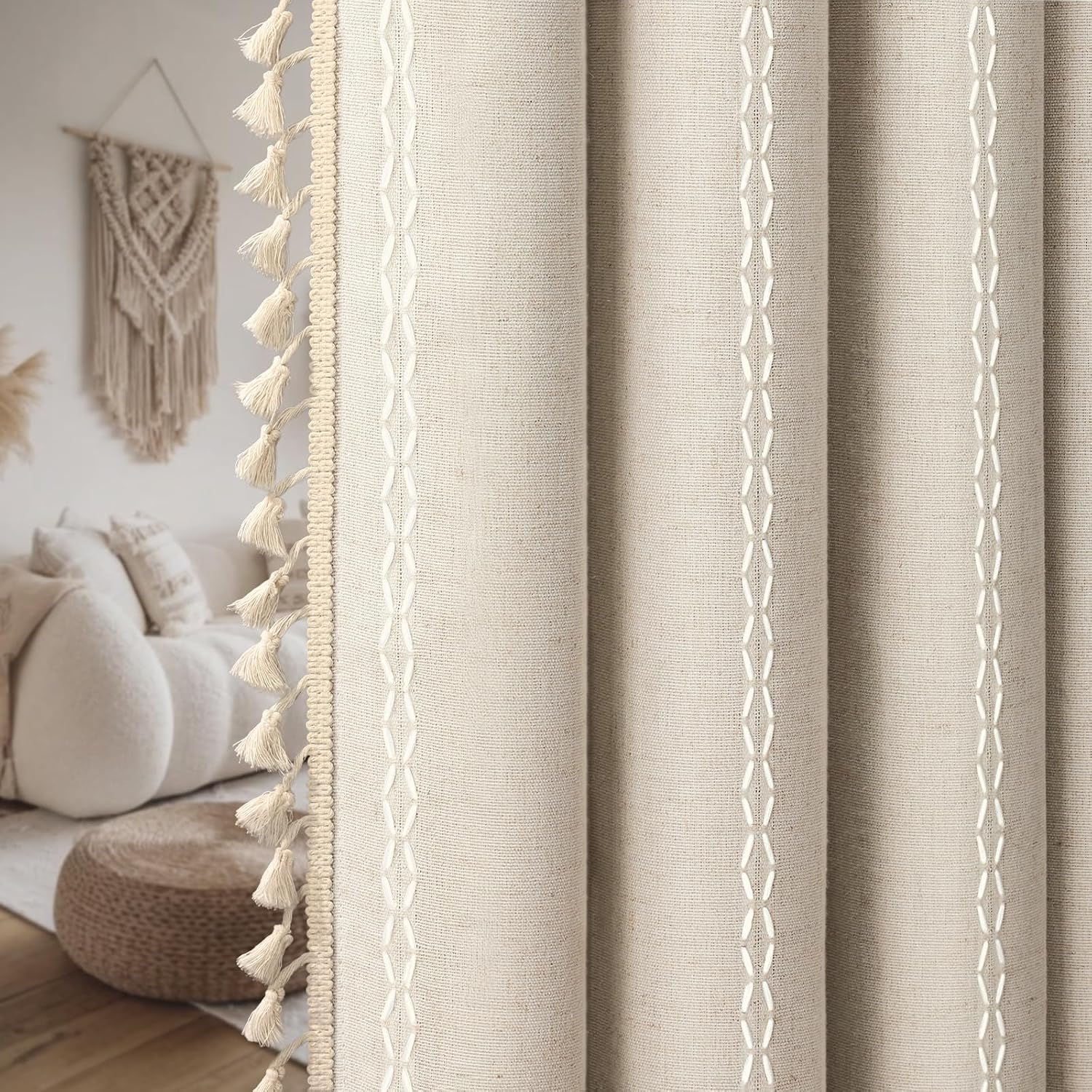 XOGUIBO Boho Blackout Curtains 2 Panels 84 Inch for Living Room Bedroom, Beige Linen Texture Farmhouse Curtains with Tassels and Cot…