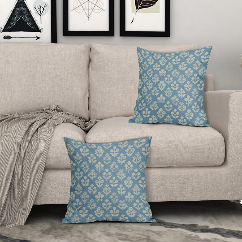 Light Blue Floral Pillow Covers 22x22 Inch Set of 2, Vintage Flower Block Print Pattern Decorative Throw Pillowcases Outdoor Farmhouse…