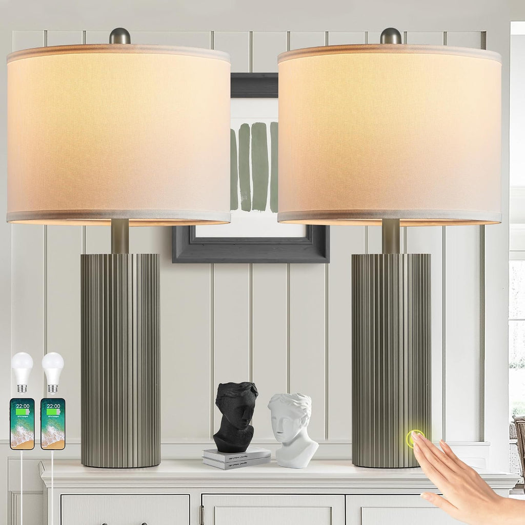 Table Lamps for Living Room Set of 2, 24.5" Modern Table Lamps for Bedroom with USB C+A Ports, Creative Stripe Touch Lamps for…