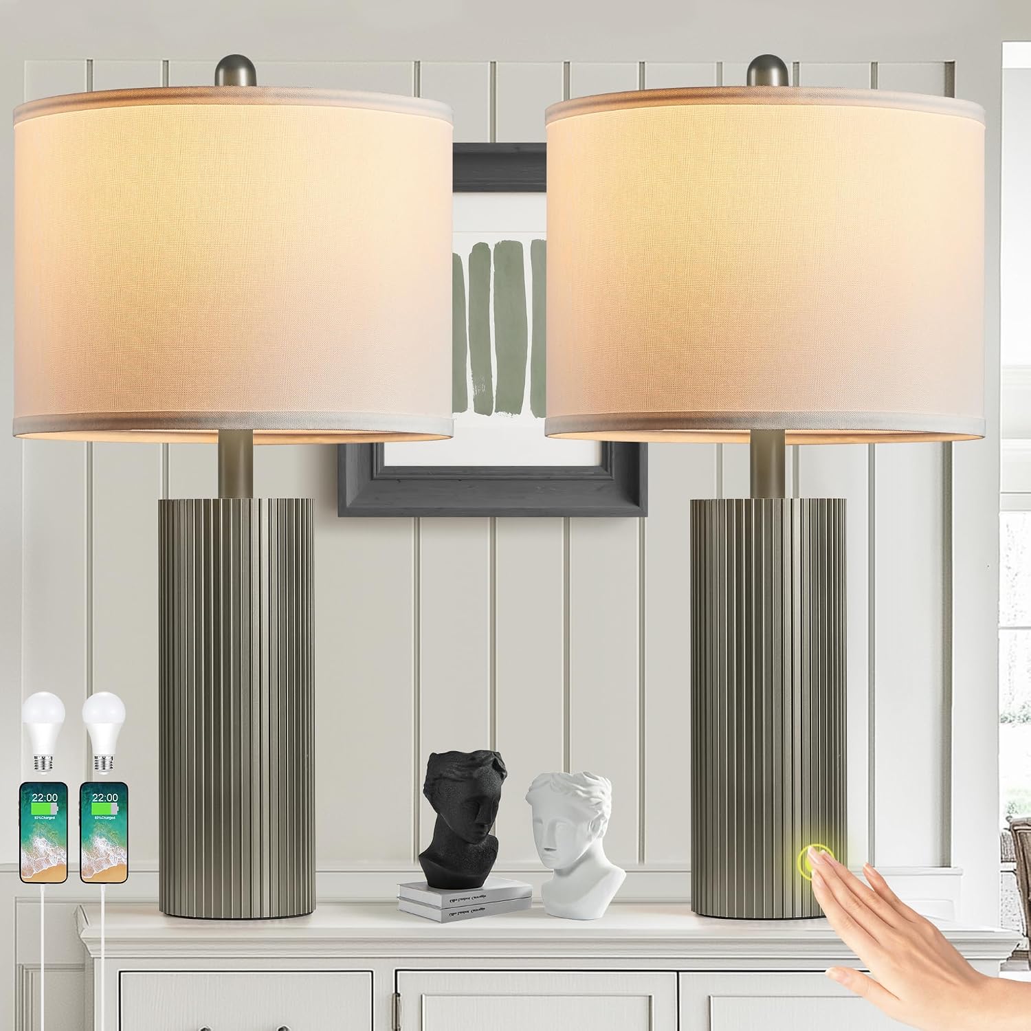 Table Lamps for Living Room Set of 2, 24.5" Modern Table Lamps for Bedroom with USB C+A Ports, Creative Stripe Touch Lamps for…