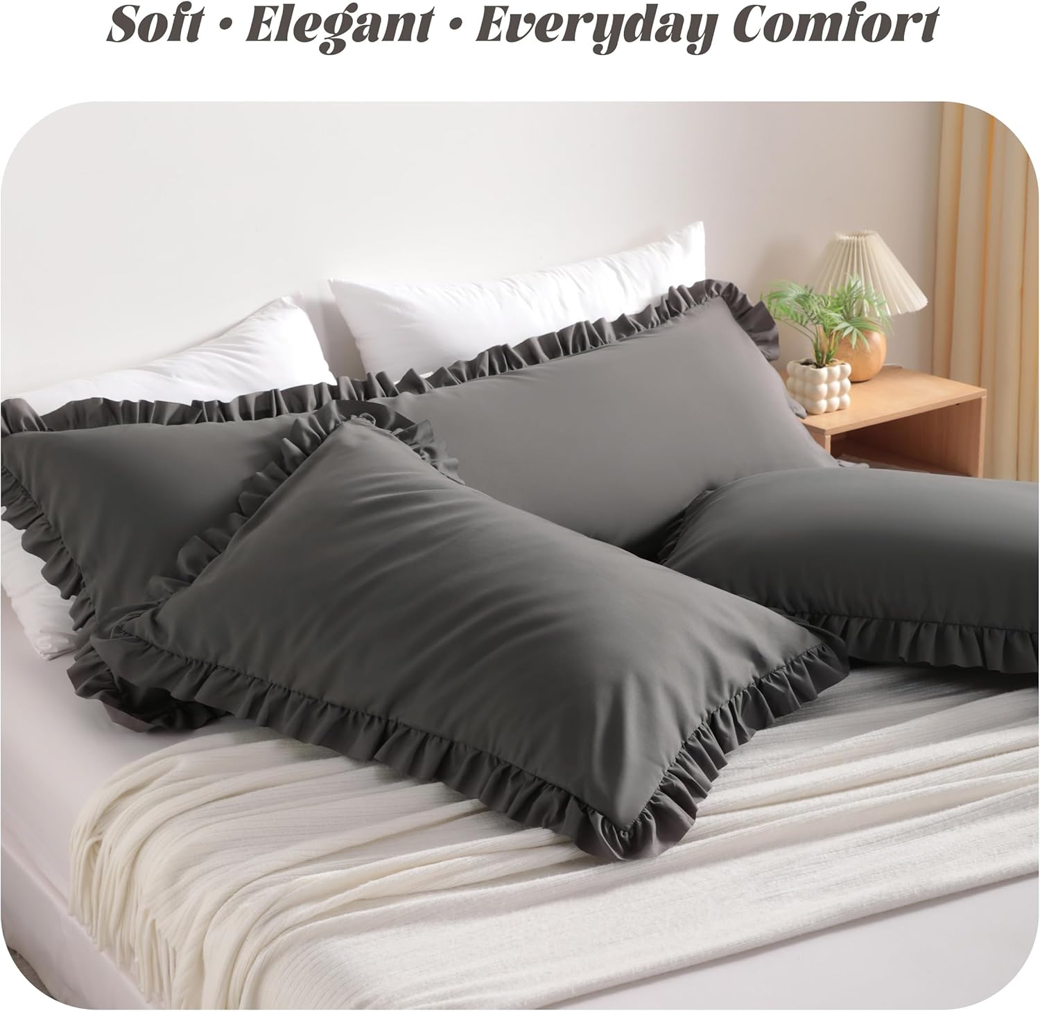 Bedsum Ruffled Pillow Shams King 20x36 Set of 2, Brushed Microfiber Pillowcases with Envelope Closure, Soft Wrinkle-Resistant, Dark Grey Gr…