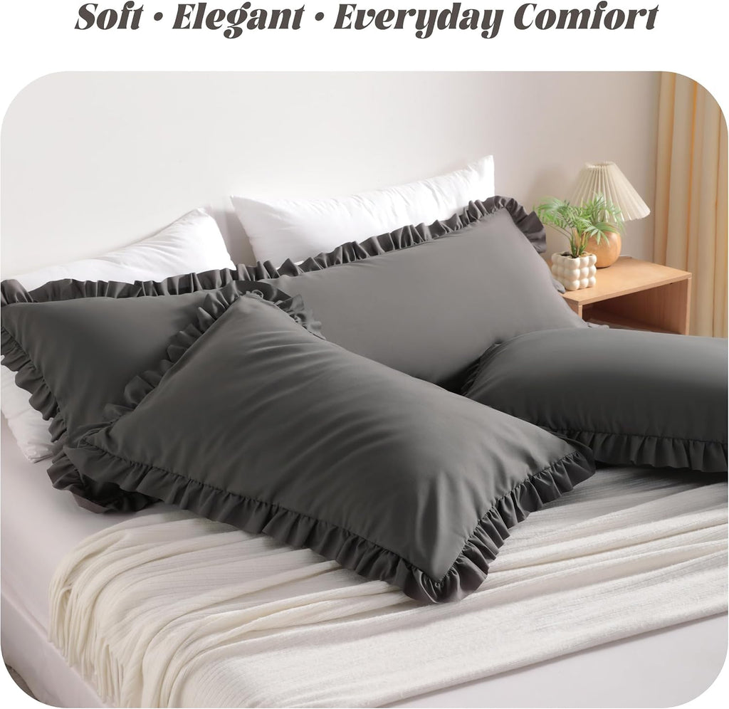 Bedsum Ruffled Pillow Shams Standard 20x26 Set of 2, Brushed Microfiber Pillowcases with Envelope Closure, Soft Wrinkle-Resistant, Dark Gre…