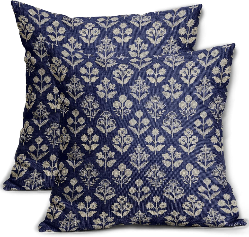 Navy Blue Floral Block Print Pillow Covers 18x18 Inch Set of 2, Vintage Flower Pattern Decorative Throw Pillowcases Outdoor Farmhouse…