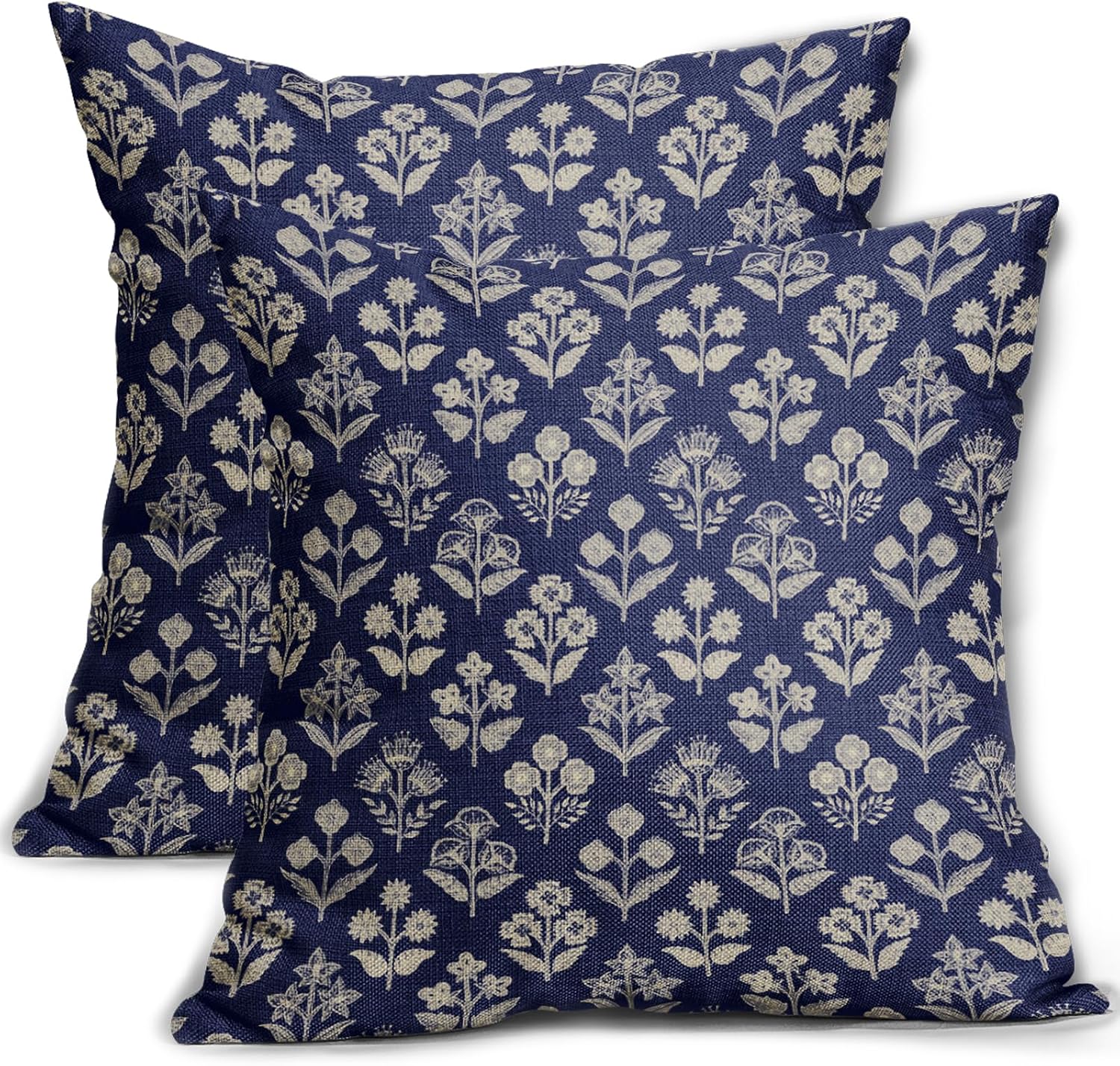 Navy Blue Floral Block Print Pillow Covers 18x18 Inch Set of 2, Vintage Flower Pattern Decorative Throw Pillowcases Outdoor Farmhouse…