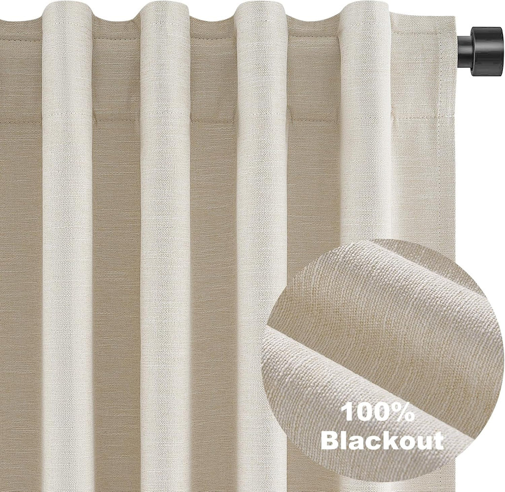 Topfinel Extra Long 132 Inch 100% Blackout Curtains for Livingroom Neutral Boho Linen Blend Farmhouse Curtain Drapes Sound Proof Drapes Pri…