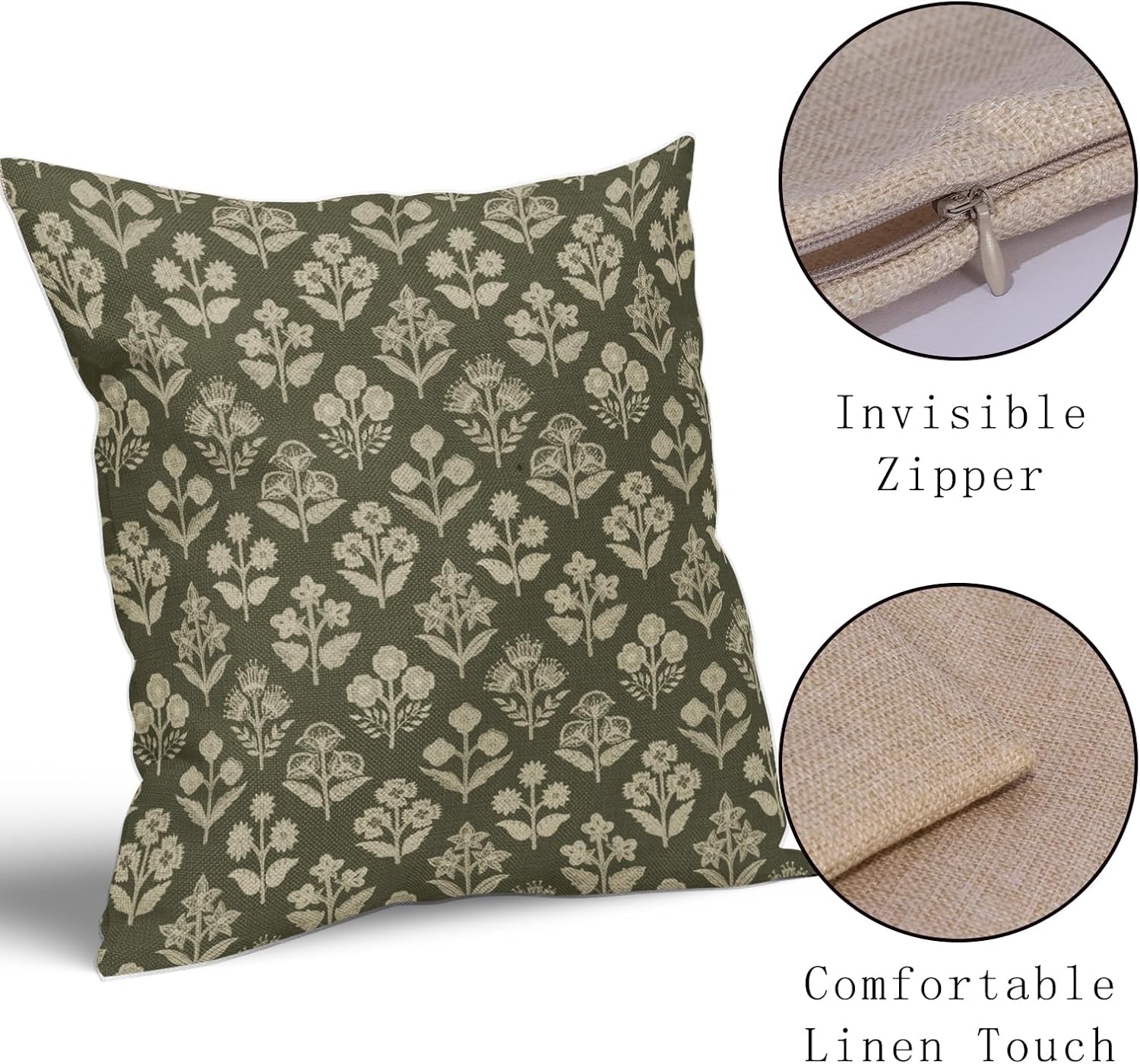 Olive Green Floral Block Print Pillow Covers 18x18 Inch Set of 2, Vintage Flower Pattern Decorative Throw Pillowcases Outdoor Farmhouse…