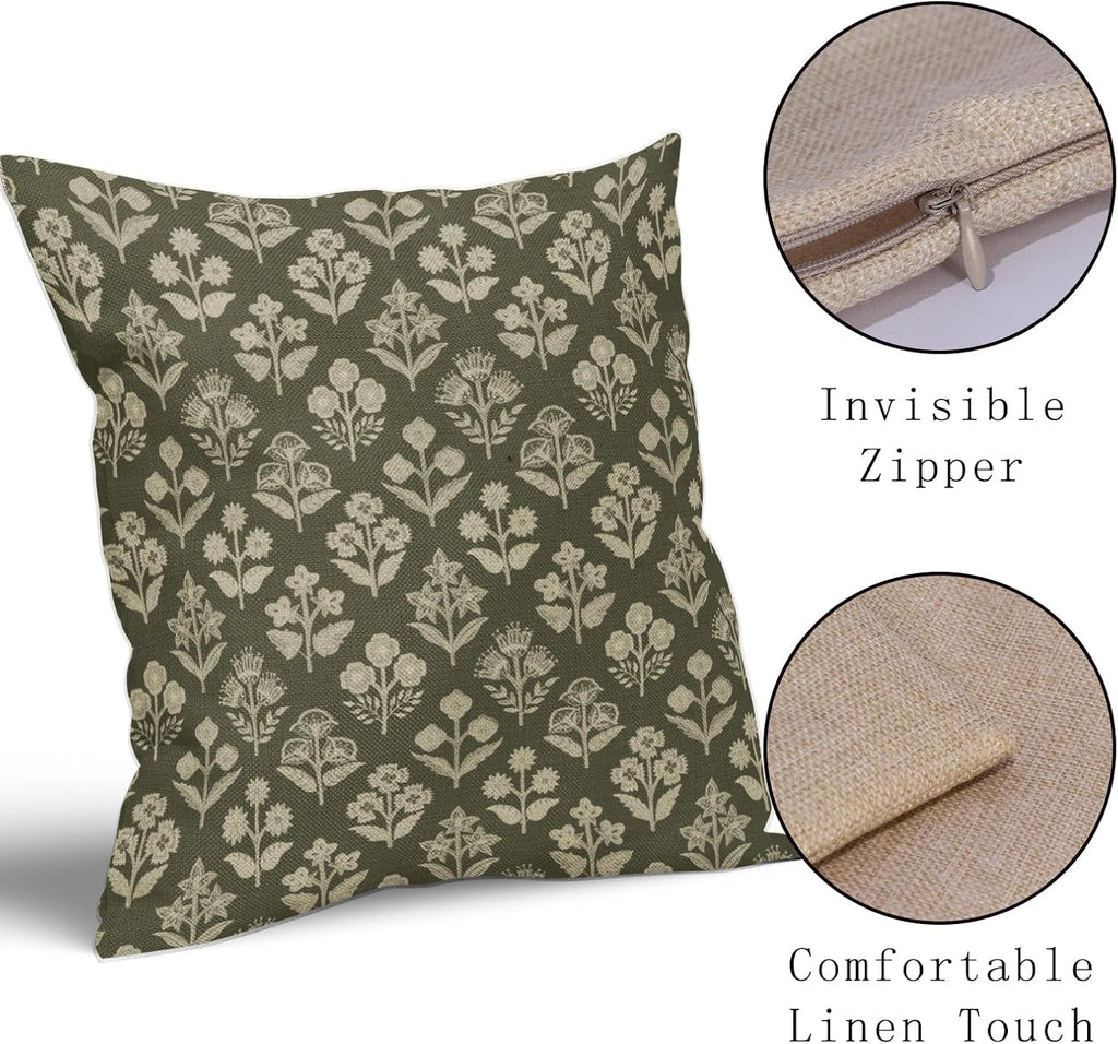 Olive Green Floral Pillow Covers 22x22 Inch Set of 2, Vintage Flower Block Print Pattern Decorative Throw Pillowcases Outdoor Farmhouse…