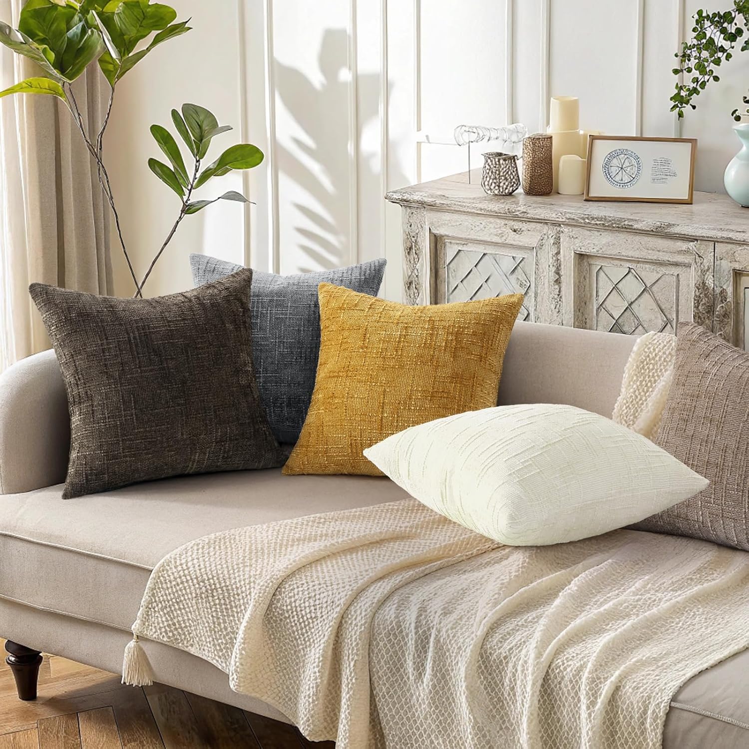 decorUhome Summer Cream White Chenille Euro Sham Throw Pillow Covers 26x26 Set of 2 Textured Soft Cozy Slubby Couch Pillow Covers Modern Fa…