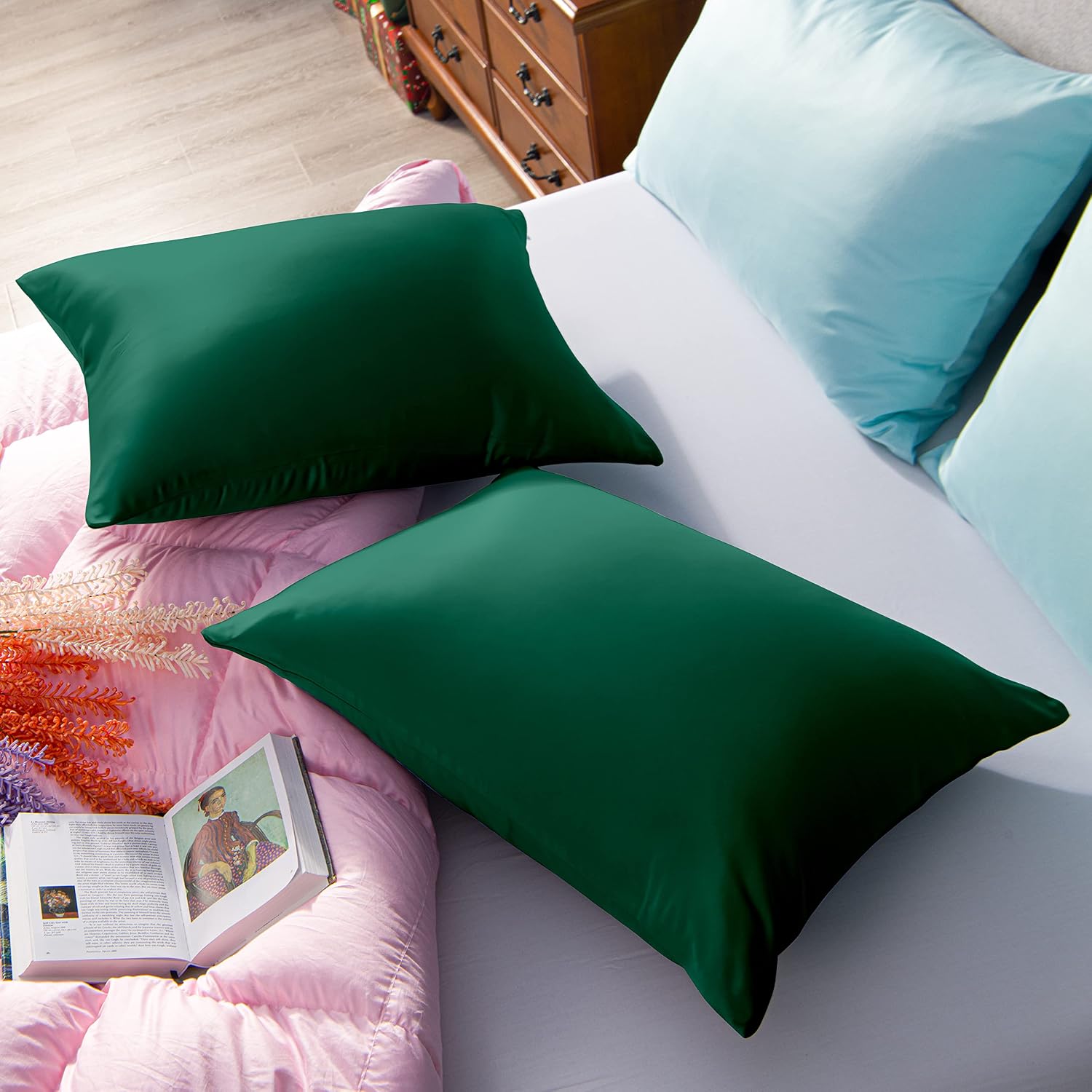 Ntbay Zippered Satin Pillow Cases for Hair and Skin, Luxury Standard Hidden Zipper Pillowcases Set of 2, 20x26 Inches, Dark Green 26 Inches…