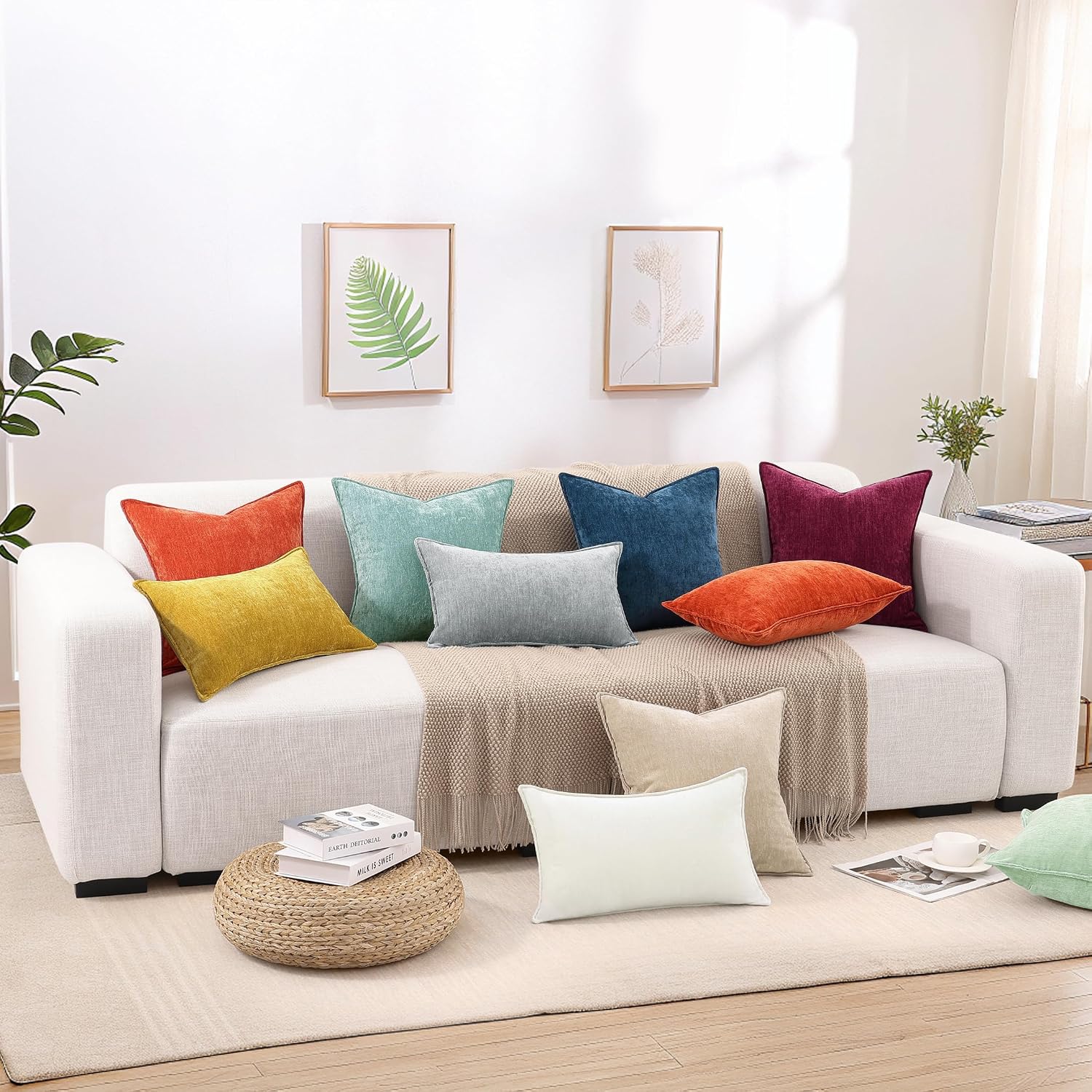 decorUhome Spring Couch Throw Pillow Covers 18x18 Set of 2, Decorative Soft Velvet Neutral Chenille Pillow Covers with Elegant Design for S…