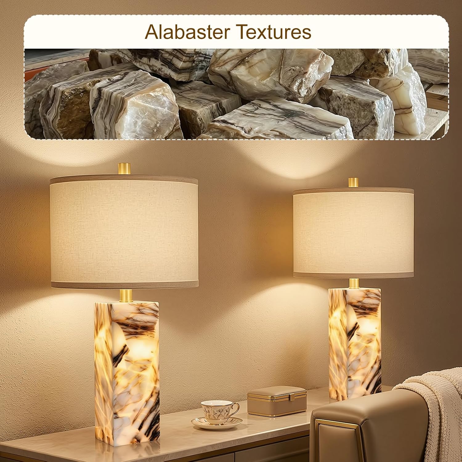 Scenekoy 23" Modern Alabaster Table Lamps Set of 2 with Night Light for Bedroom, Rotary Switch, Bedside Lamp with Linen Shade, Brown…