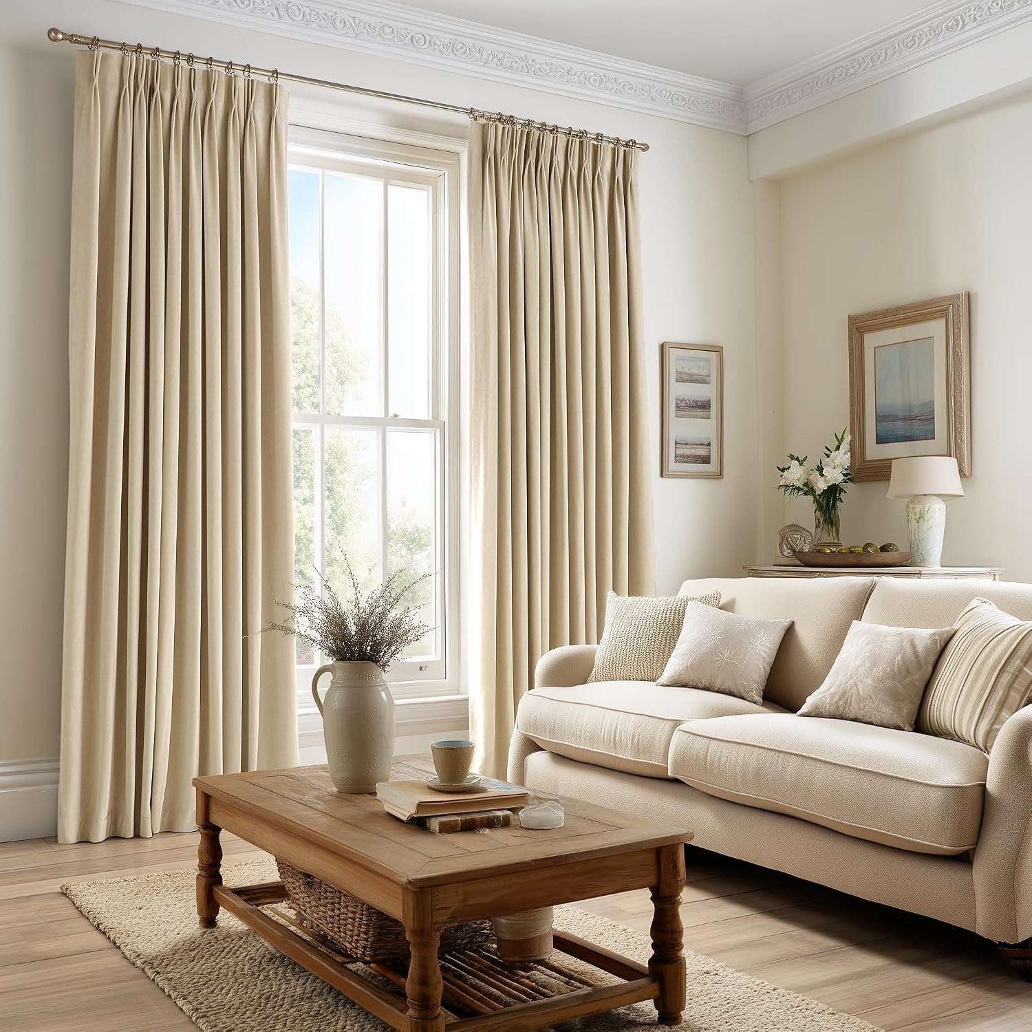Drapenova 102 Inch Long Custom Velvet Curtains, Beige Room Darkening Noise-Reducing Pleated Drapes with Hooks and Back Tab, Modern Wh…