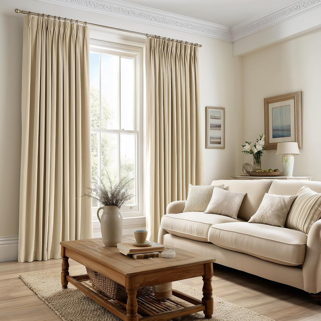 Drapenova 92 Inch Long Velvet Pinch Pleated Curtains 2 Panels Neutral Beige White Viral Famous Room Darkening Blackout Drapes with H…