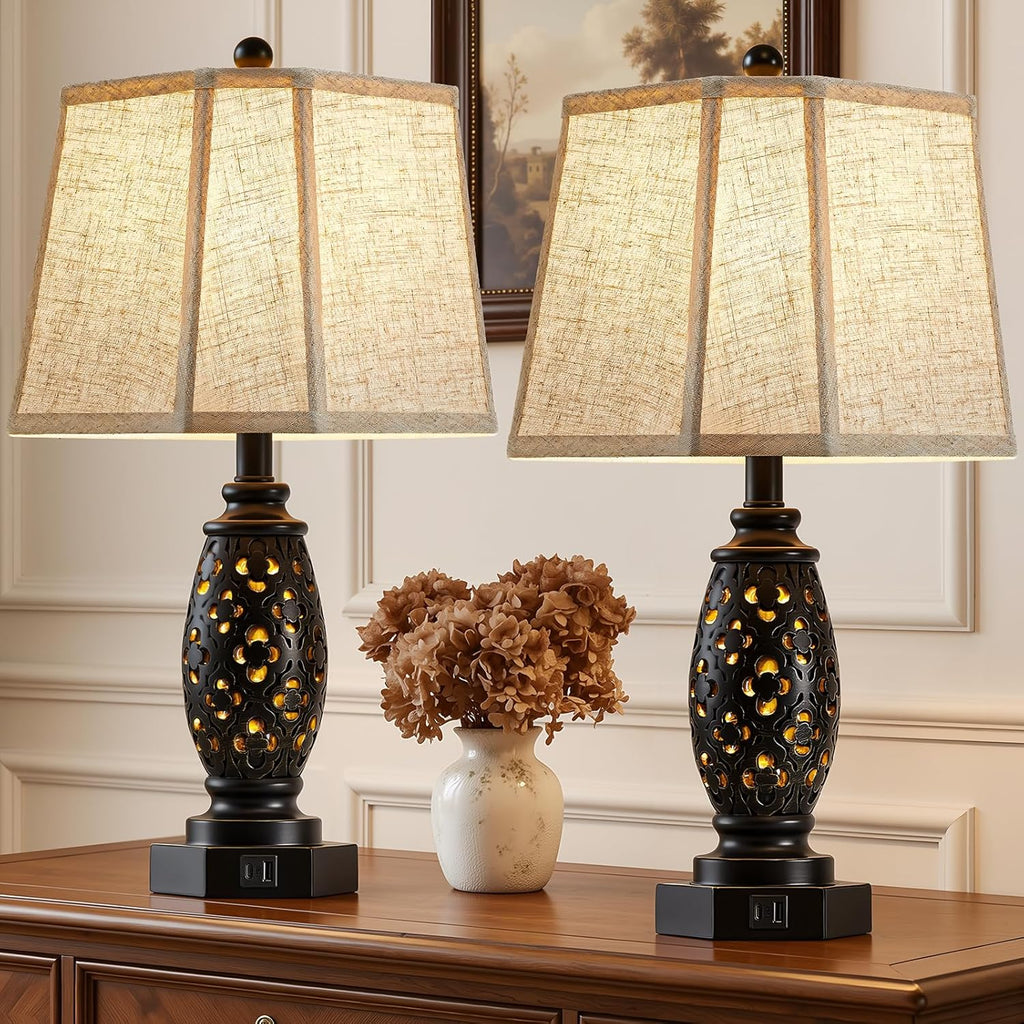 EJIAXIN Table Lamps Set of 2-23.5" Vintage Bedside Lamp with USB A+C and Nightlight - Black Carved Resin Retro Desk Lamp for Bedrooms…