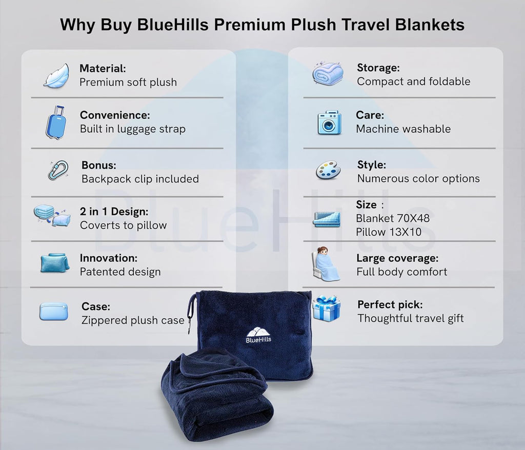 BlueHills Premium Soft Long Travel Blanket Pillow for Tall Airplane Flight Blanket Throw Luggage Belt & Backpack Clip Compact Packable…