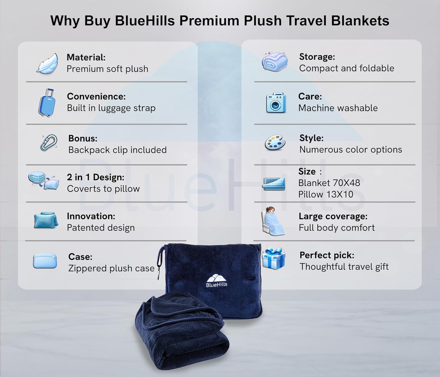 BlueHills Premium Soft Long Travel Blanket Pillow for Tall Airplane Flight Blanket Throw Luggage Belt & Backpack Clip Compact Packable…