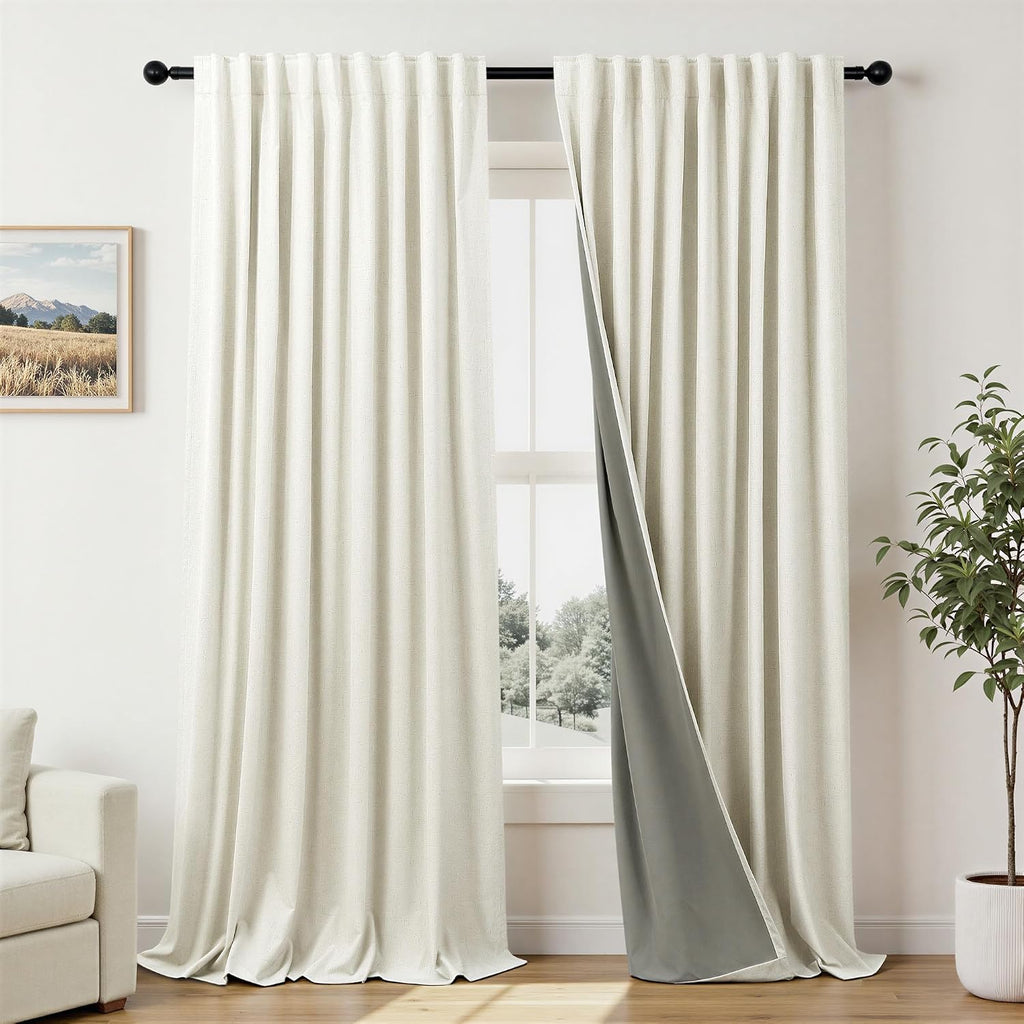 Pitalk Extra Wide Room Darkening 90 Inch Curtains 2 Panels for Living Room Ivory Cream Colored Linen Blackout Curtain for Bedroom Windows 1…