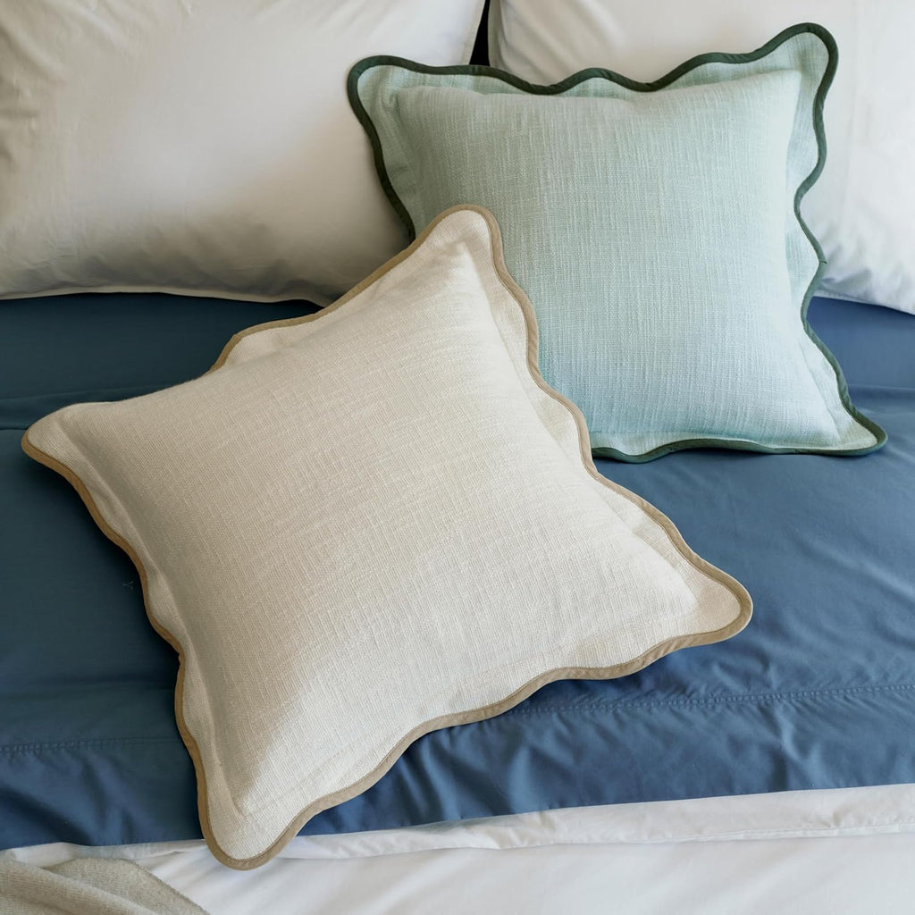 Double Stitch Scalloped Throw Pillow Covers - 100% Cotton Set of 2 Decorative Boho Pillow Covers 20 x 20, Made in India, Square Cushion…