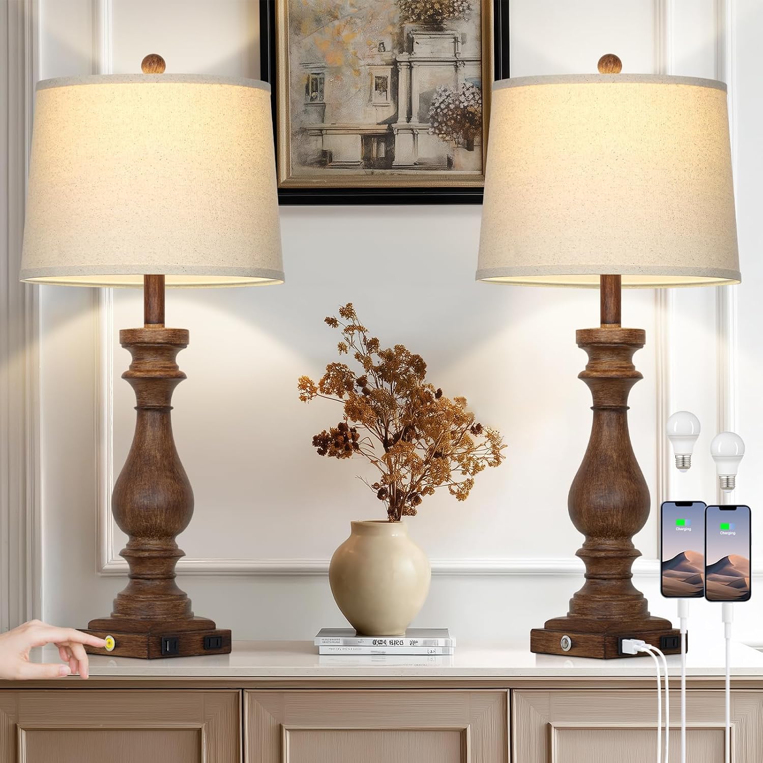 Cinkeda 29" Tall Farmhouse Table Lamp for Living Room Set of 2, Vintage Retro Nightstand Lamps with USB C+A Ports & AC Outlet,3-Way…