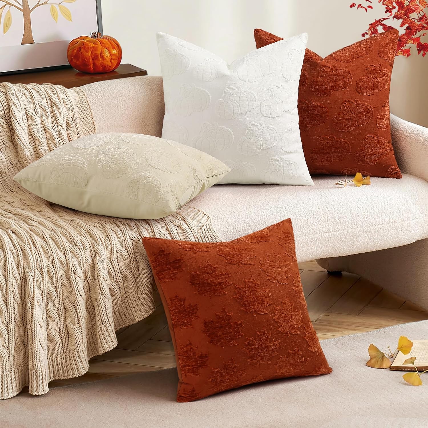 decorUhome Decorative Two Cream White Pumpkins Thanksgiving Throw Pillow Covers 18x18 Set of 2, Soft Chenille Jacquard Farmhouse Textured…