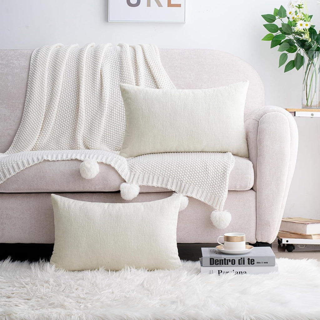 Hwy50 HWY 50 Cream White Lumbar Pillow Covers 12x20 Inch Pack of 2, Soft Chenille Decorative Throw Pillow Covers Farmhouse for Couch Sofa L…