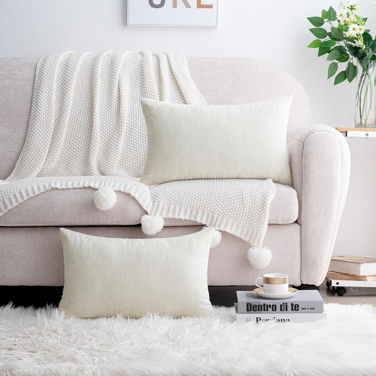Hwy50 HWY 50 Cream White Lumbar Pillow Covers 12x20 Inch Pack of 2, Soft Chenille Decorative Throw Pillow Covers Farmhouse for Couch Sofa L…