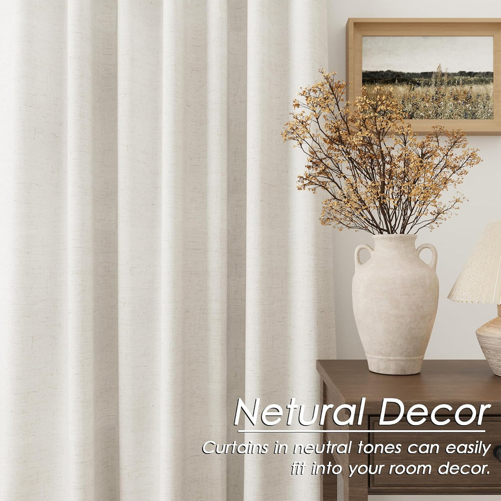 Nanspring Beige White 100% Blackout Linen Curtains 108 Inches Long for Bedroom Back Tab Thermal Insulated Modern Farmhouse Decor Black Out…