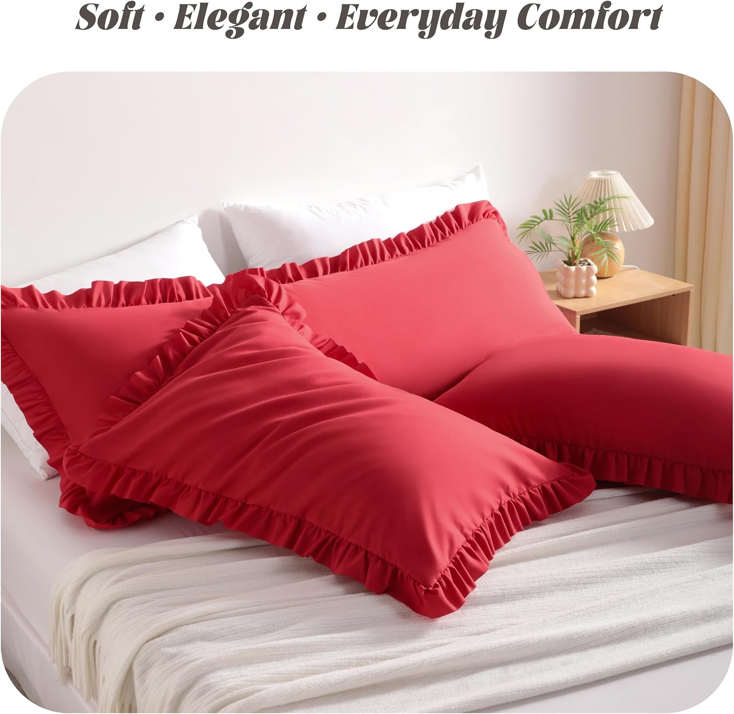 Bedsum Ruffled Pillow Shams King 20x36 Set of 2, Brushed Microfiber Pillowcases with Envelope Closure, Soft Wrinkle-Resistant, Red Red