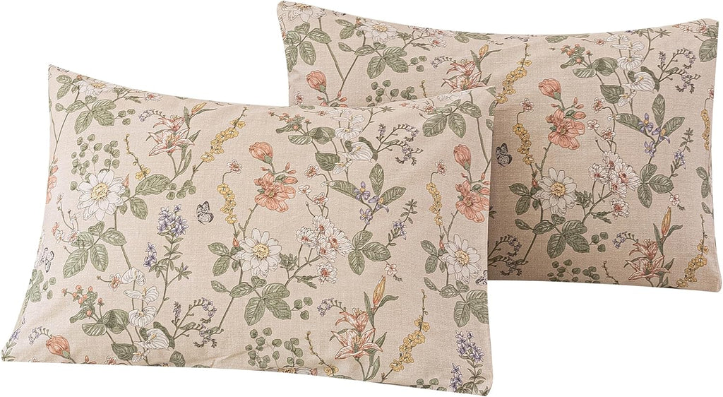 ECOCOTT 2 Pack Floral Pillowcases King Size, 100% Washed Cotton Pillow Cases with Envelope Closure, Vintage Botanical Flower Printed…