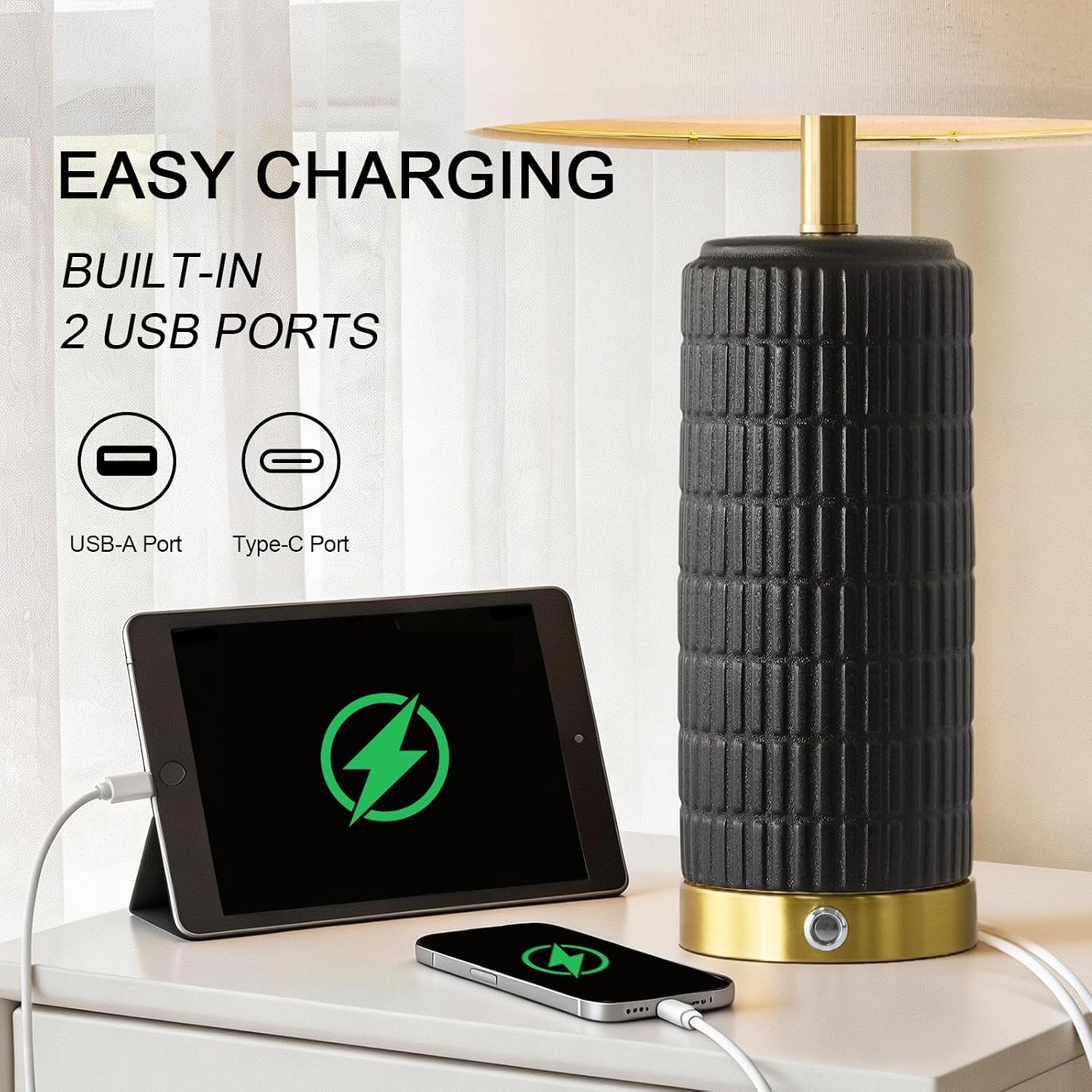 PoKat Ceramic Table Lamps Set of 2 for Living Room, 25'' Modern Touch Bedside Lamps for Bedroom with 2 USB Ports, Farmhouse Black…
