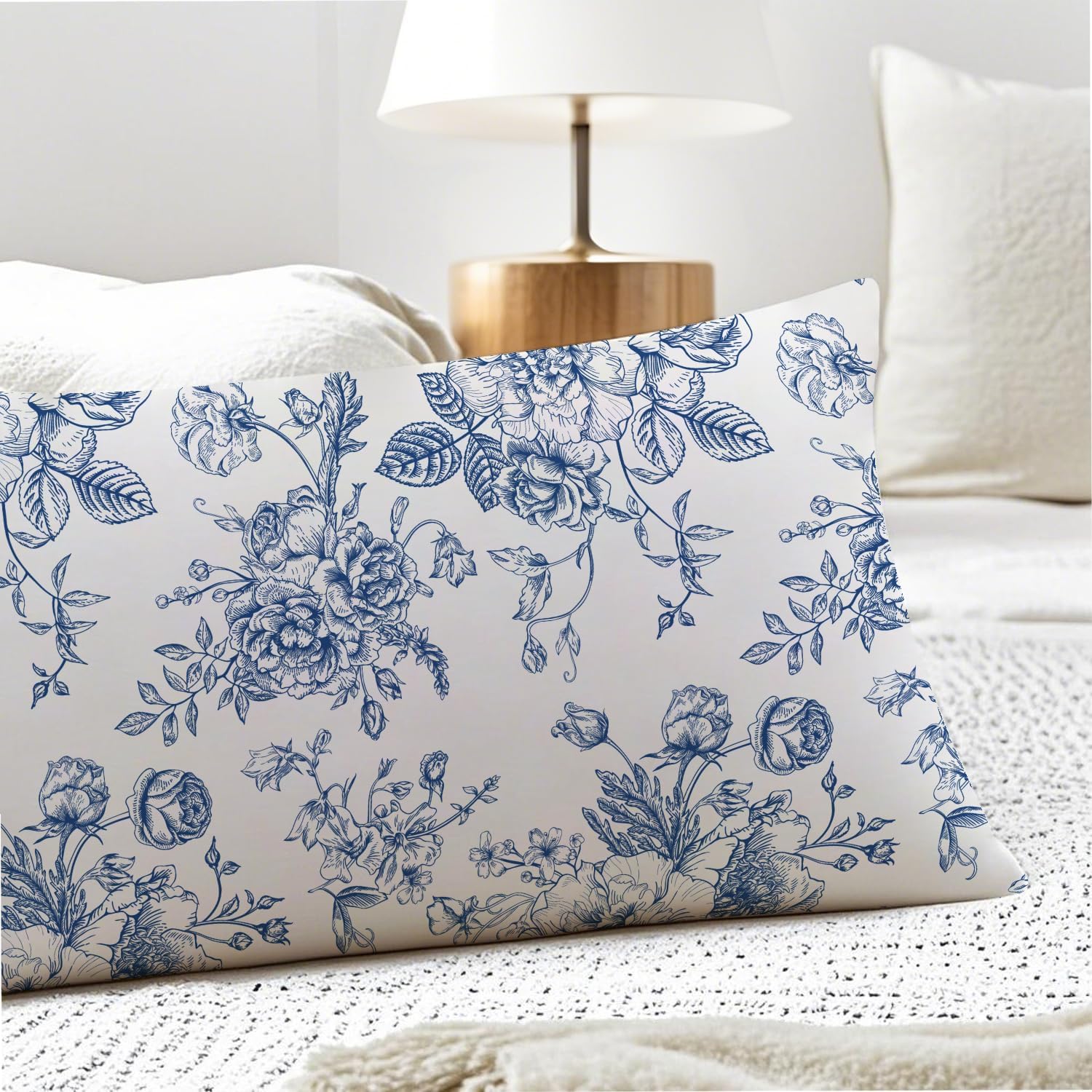 Vintage Blue Floral Chinoiserie 20x54 Body Pillow Cover, Grandmillennial Home Decor, Chinoiserie Decor, Blue and White Flower…
