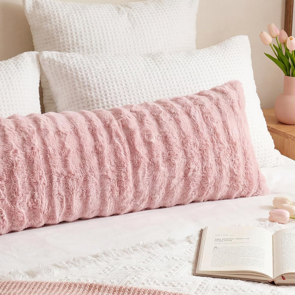 Chumerry Blush Pink Plush Body Pillow Case Fluffy Shaggy Faux Fur Pillow Cover Ultra Soft Warm Rabbit Fur Decorative Body Pillow Cover Long…