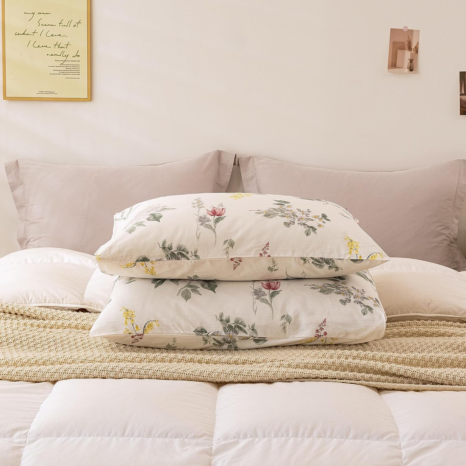 ECOCOTT Floral Pillowcases Standard Size Set of 2, 100% Washed Cotton Pillow Cases with Envelope Closure, Vintage Botanical Flower…