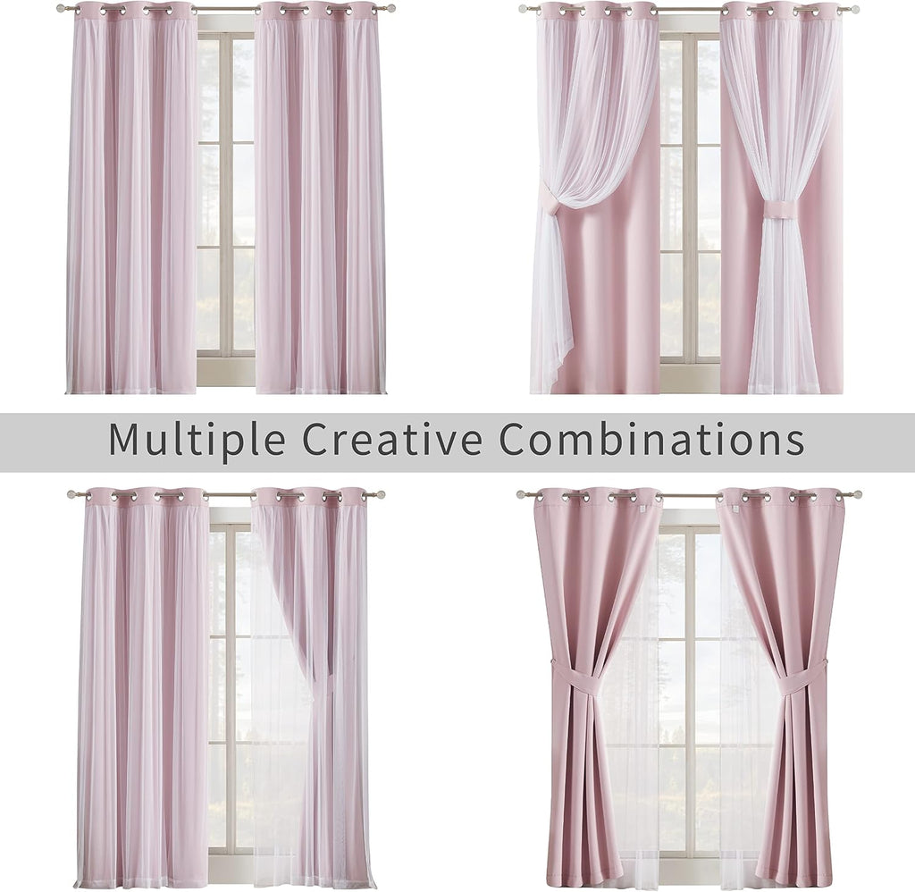 Bujasso Pink Blackout Curtains with Sheer Overlay Mix and Match Double Layer 80% Room Darkening Window Treatment Set for Girls Bedroom Livi…