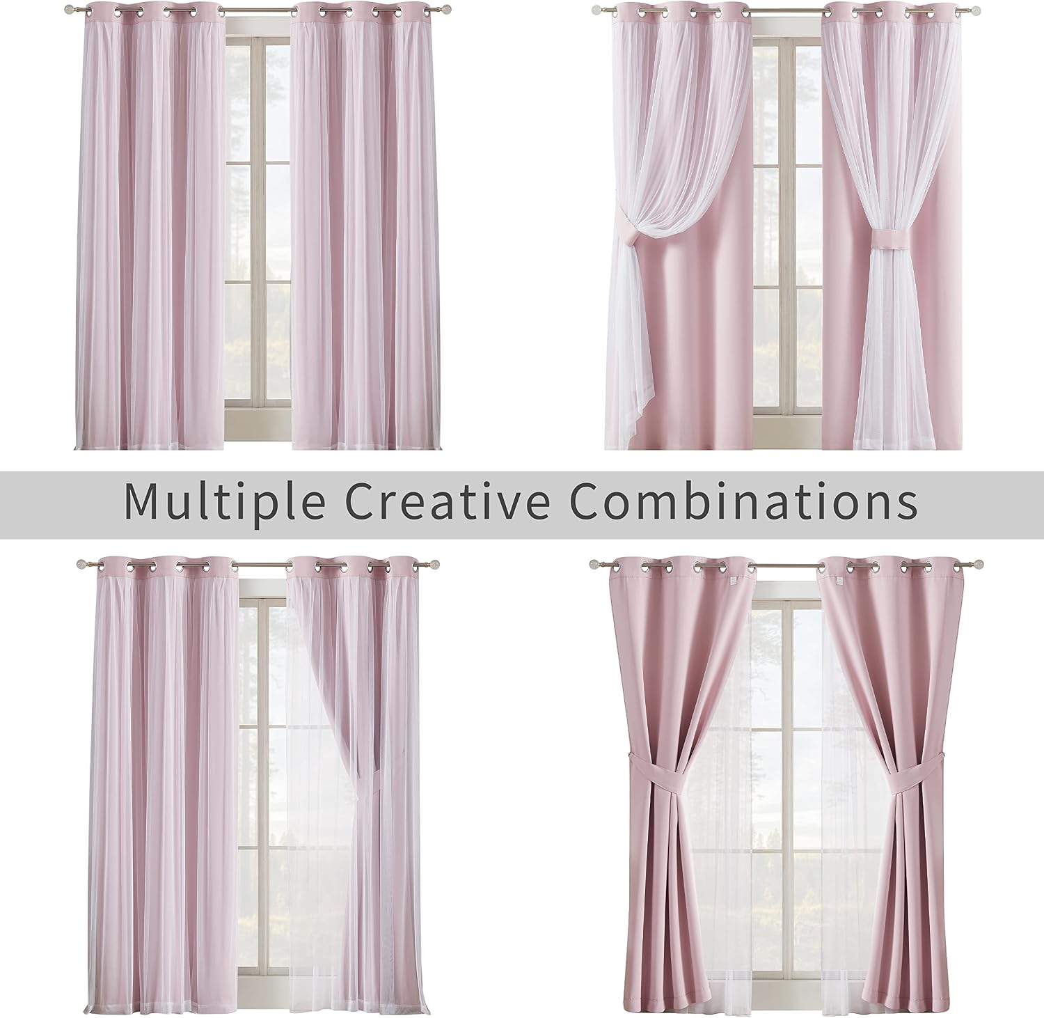 Bujasso Pink Blackout Curtains with Sheer Overlay Mix and Match Double Layer 80% Room Darkening Window Treatment Set for Girls Bedroom Livi…