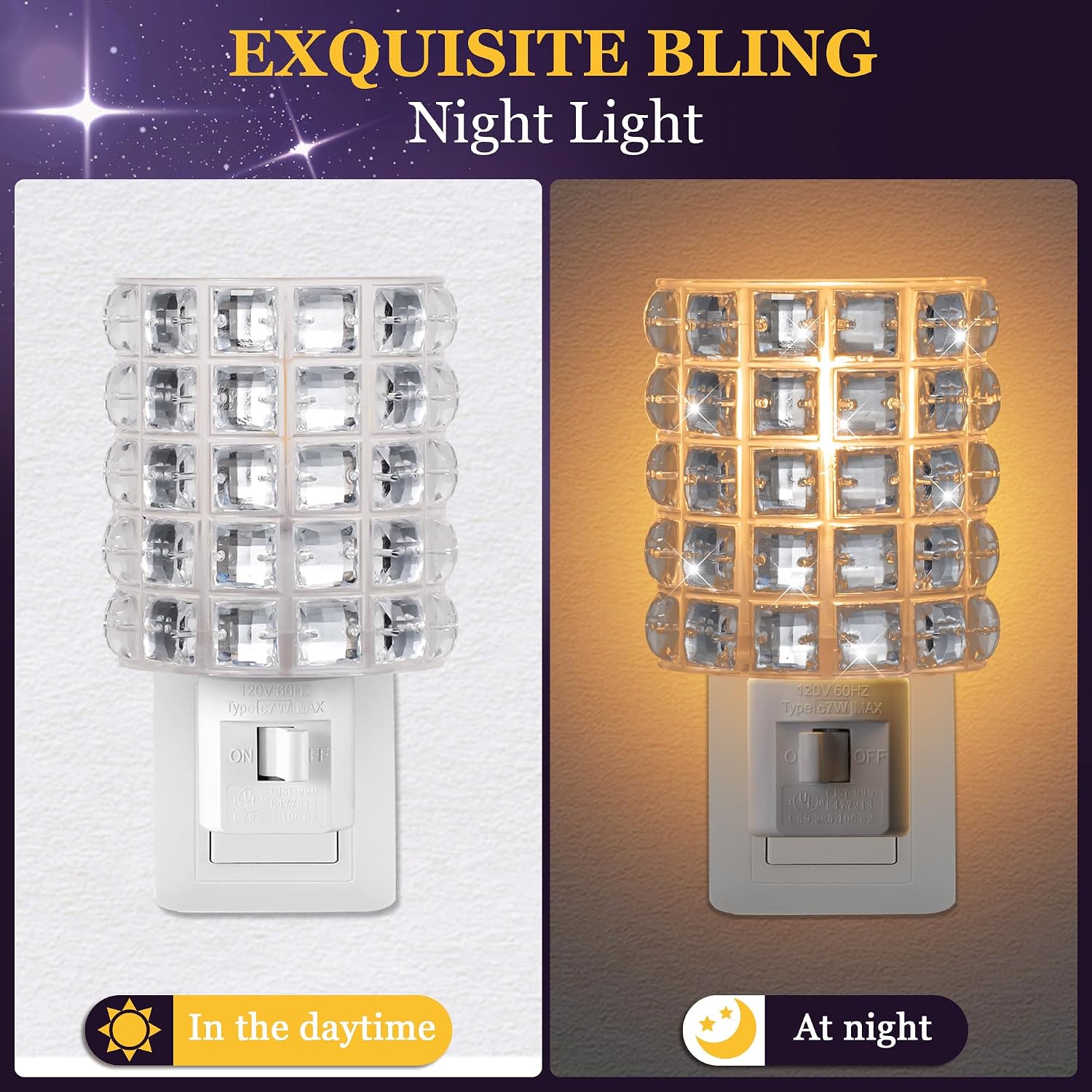 Crystal Diamond LED Night Light Plug into Wall, Decorative Plug in Night Light with Manual On/Off Switch and 360° Rotating Plugs, Warm…