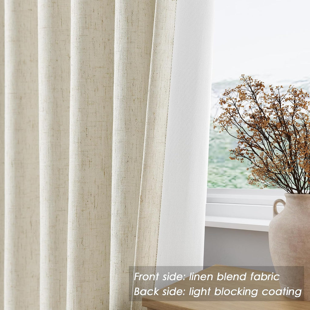 Nanspring Warm Beige 100% Blackout Linen Curtains 84 Inch Length 2 Panels Set for Bedroom Back Tab Modern Farmhouse Decor Black Out Curtain…